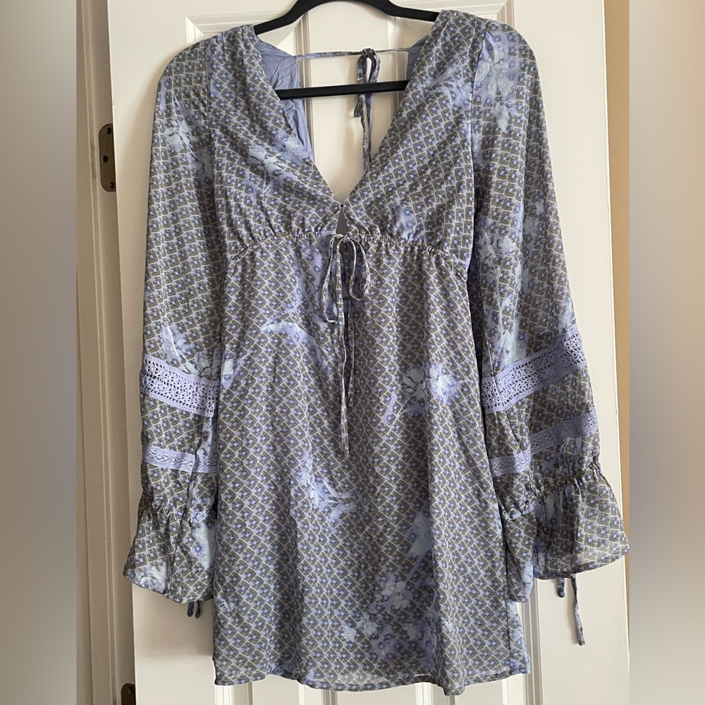 Urban Outfitters Blue Plunge Bishop Sleeve Sundress - Picture 2 of 3